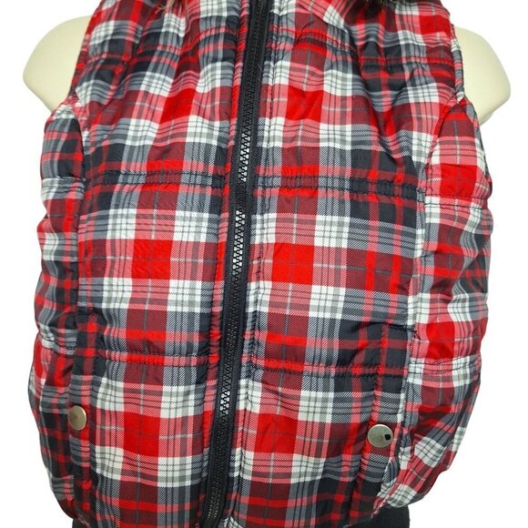 Max Rave Womens Puffer Vest Medium Black Red White Plaid Faux Fur - Picture 3 of 7